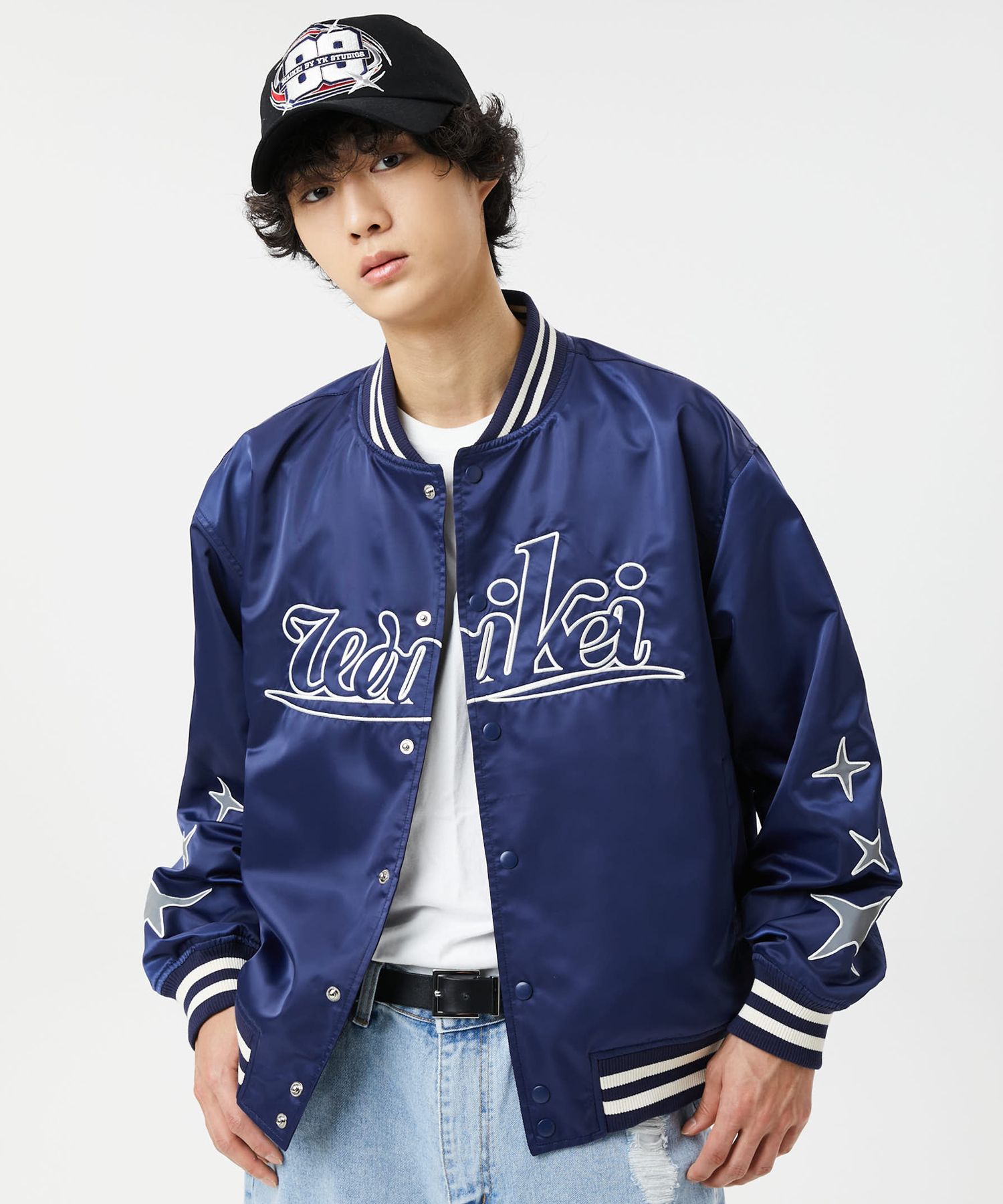 MUSINSA | WAI KEI 89 Logo Varsity Jacket Navy