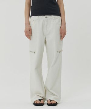 (W) TRIPLE MOON ZIPPER DENIM PANTS - WHITE