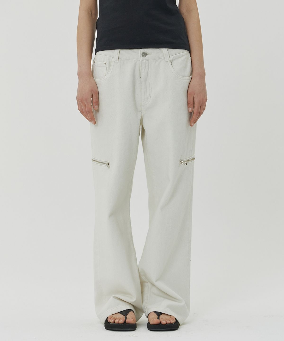메종미네드(MAISON MINED) (W) TRIPLE MOON ZIPPER DENIM PANTS - WHITE