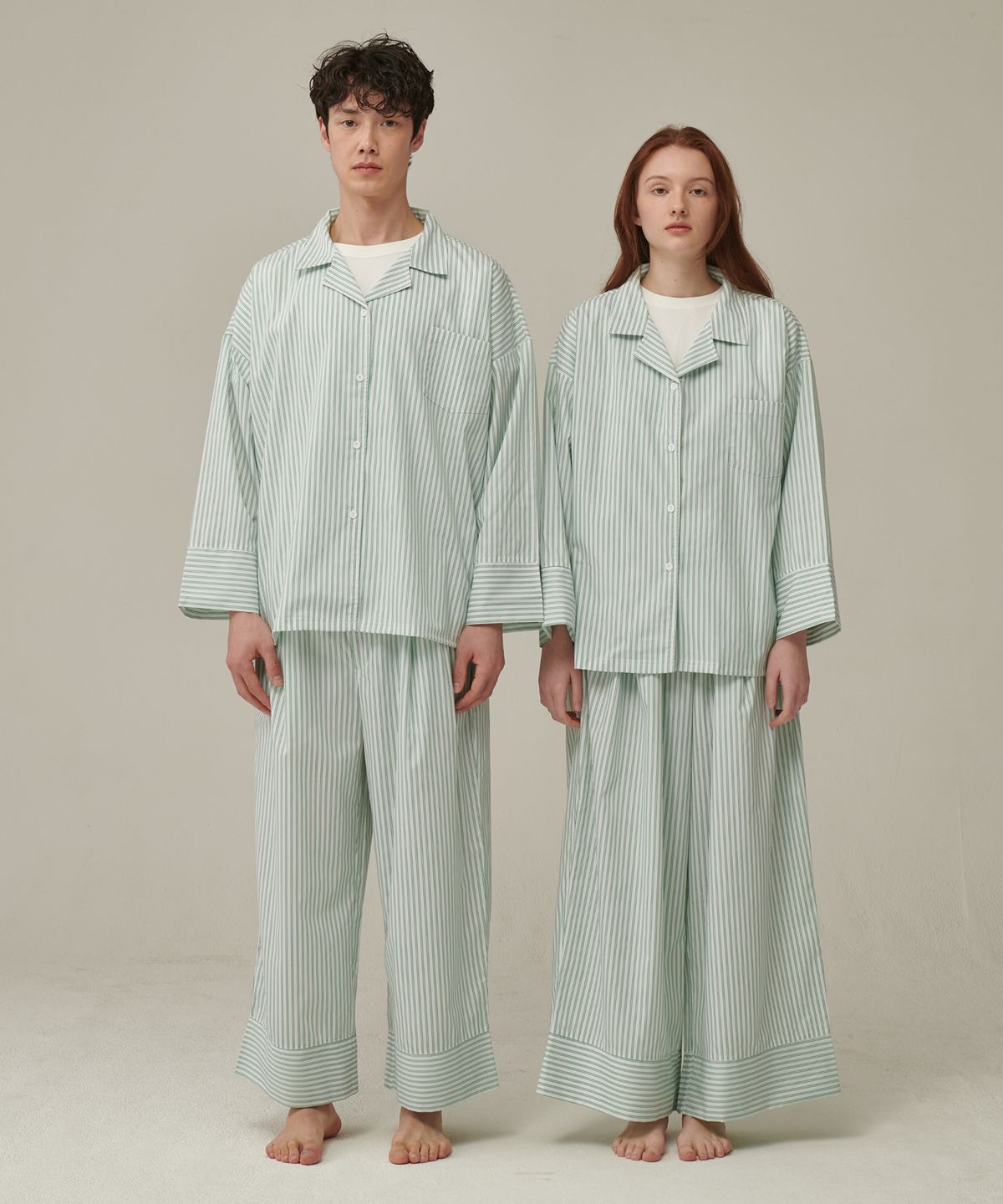 오끼뜨(OGGITT) (uni)도미토리 펜슬 스트라이프 파자마 그린