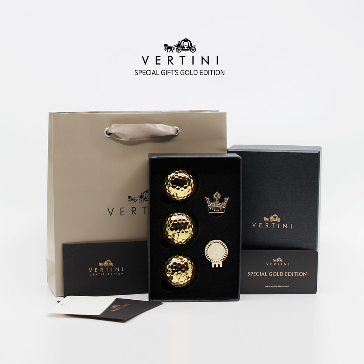 베르티니(VERTINI) 황금 골프공 3구+왕관 볼마커 골프용품 선물세트 VGBS01