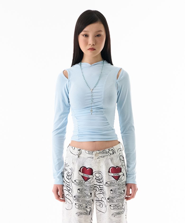 Cut-Out Shirring Hoodie Sky Blue