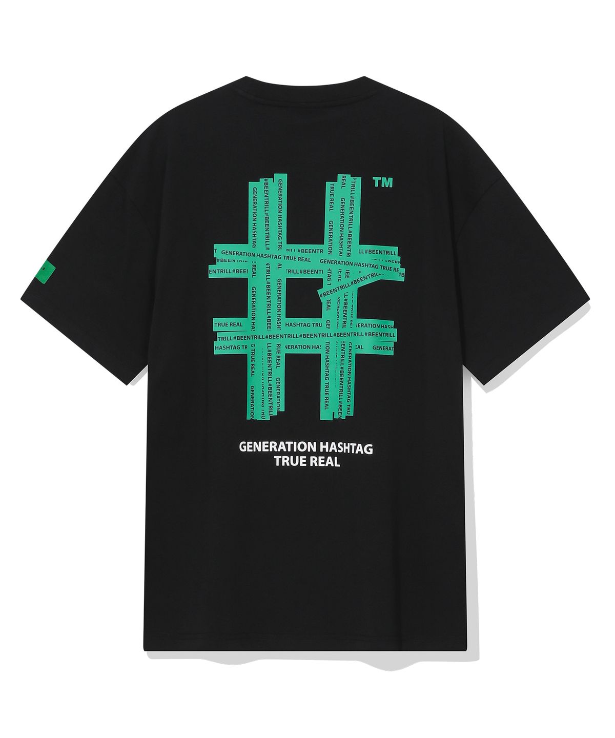 빈트릴(BEENTRILL) 그린 테이핑 해시태그 오버핏 반팔티(블랙)
