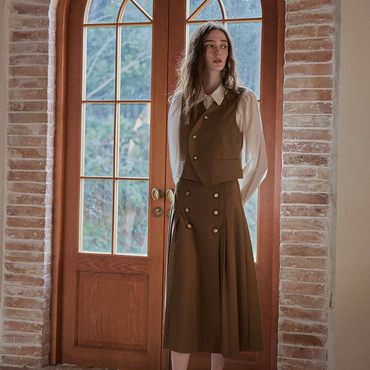 프라우드 마리(PROUD MARY) PM_Brown stripe button skirt