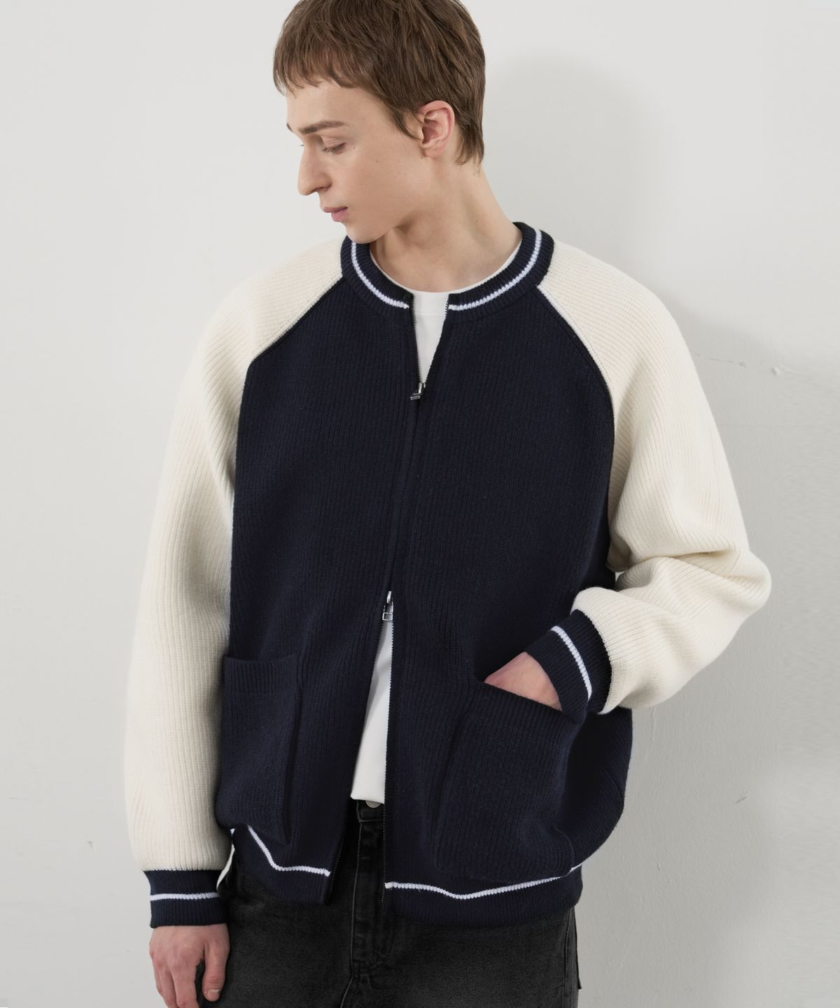 드로우핏(DRAW FIT) 바시티 벌룬 투웨이 집업 니트 [NAVY]