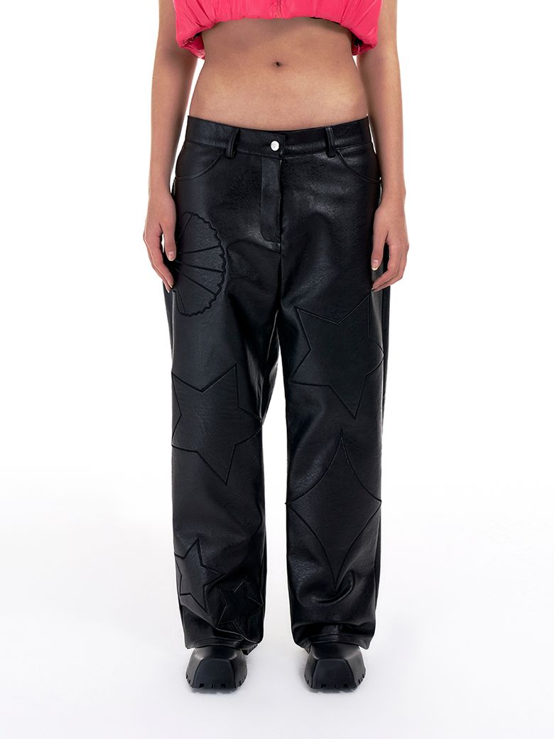EMBROIDERY LEATHER PANTS BLACK