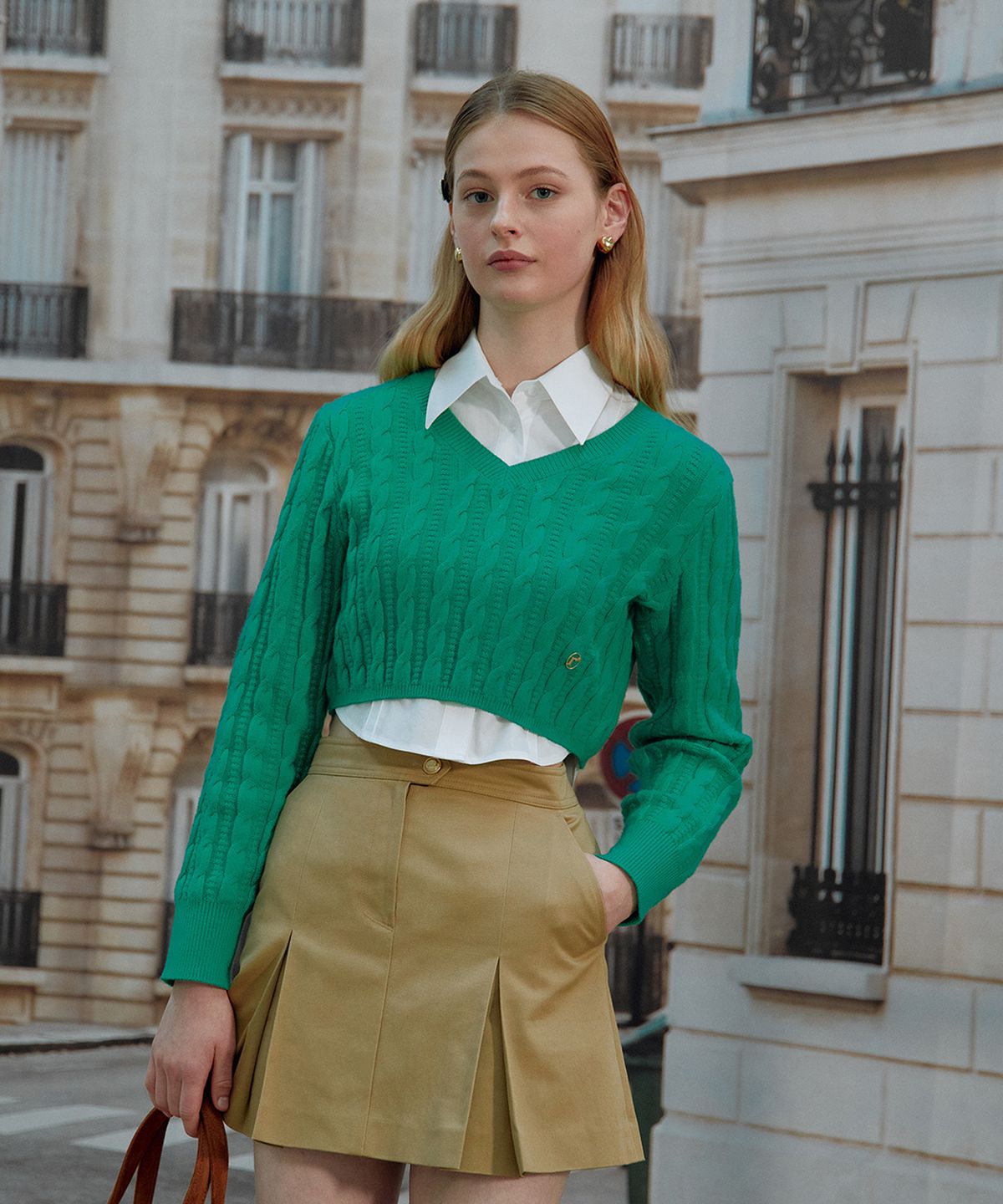 로라로라(ROLAROLA) CROP V NECK CABLE KNIT GREEN