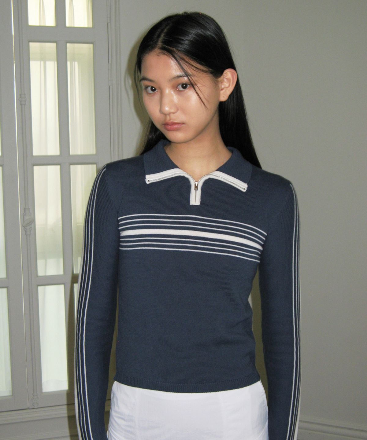 시눈(SINOON) LINE HALF ZIP-UP KNIT TOP (NAVY)