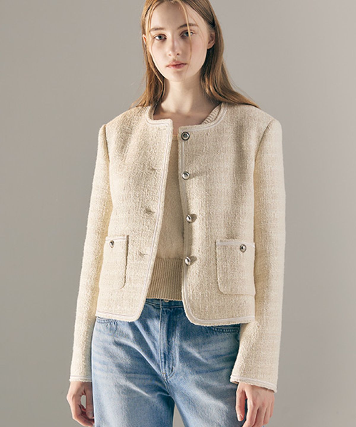 아바몰리(AVA MOLLI) SQUARE-NECK TWEED JK (CREAM)