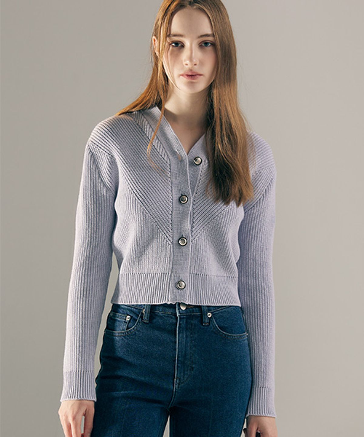 아바몰리(AVA MOLLI) COTTON BLENDED V-NECK CARDIGAN (BLUE)