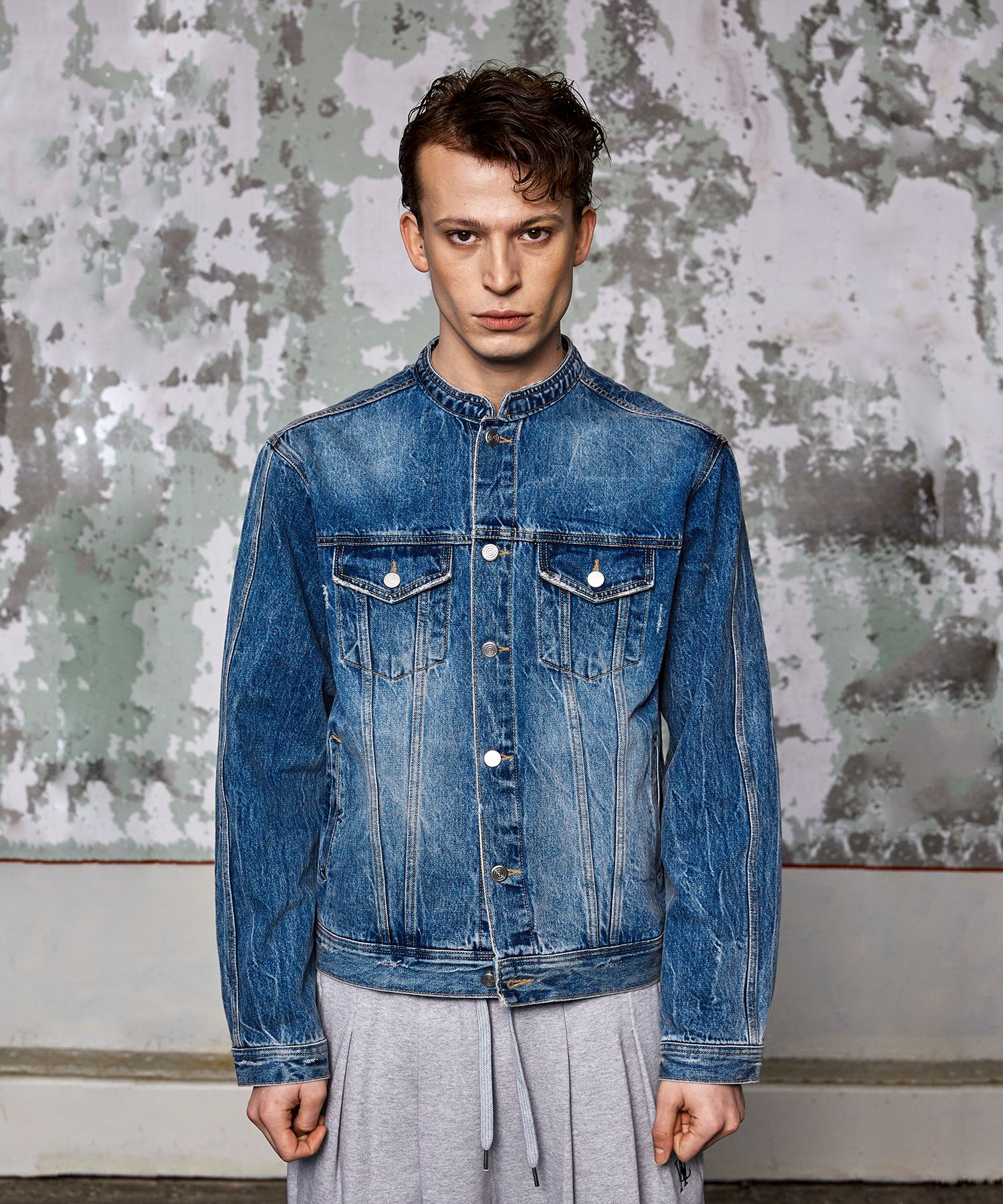 ☆人気☆【WOOALONG】☆High neck denim biker jacke.t☆23FW☆ MUSINSA | WOOALONG High neck denim biker jacket - BLUE