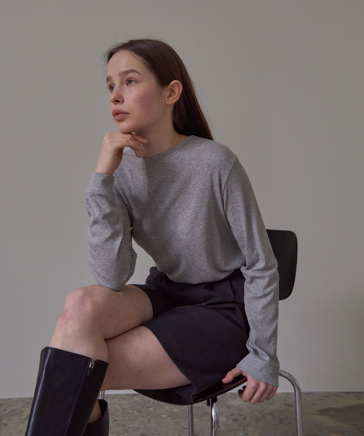 38컴온커먼(38COMEONCOMMON) Round Rib Long Sleeve Top (Melange Gray)