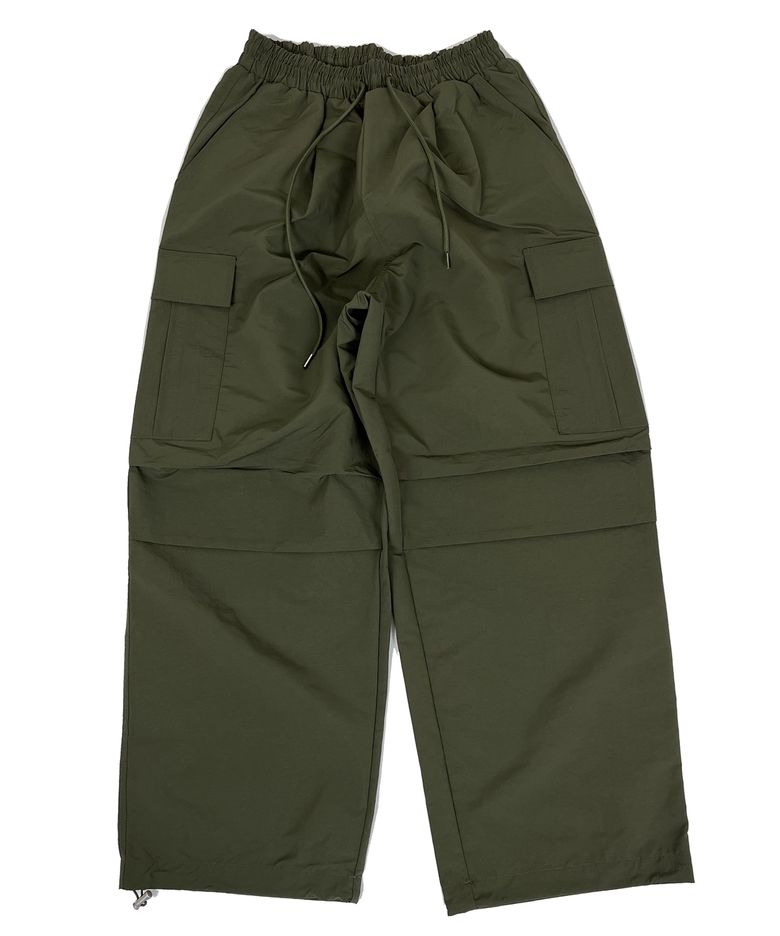 Knee tuck cargo nylon wide pants dark khaki
