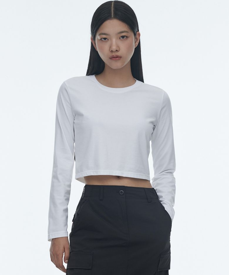 [쿨탠다드] 우먼즈 크루 넥 크롭 긴소매 티셔츠 [화이트]