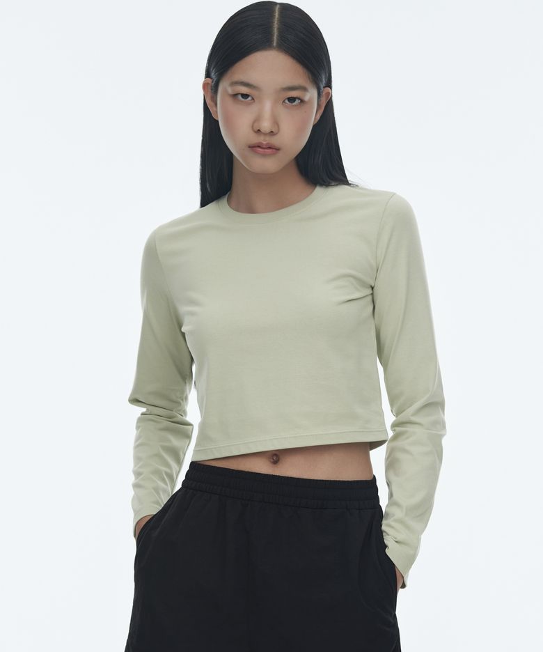 [쿨탠다드] 우먼즈 크루 넥 크롭 긴소매 티셔츠 [페일 그린]