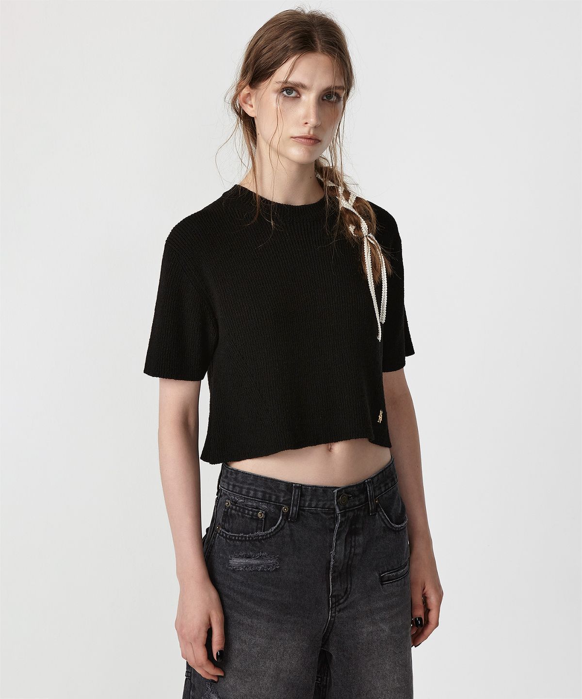 이안조(EAN JO) HALF SLEEVE KNIT TOP (BLACK)