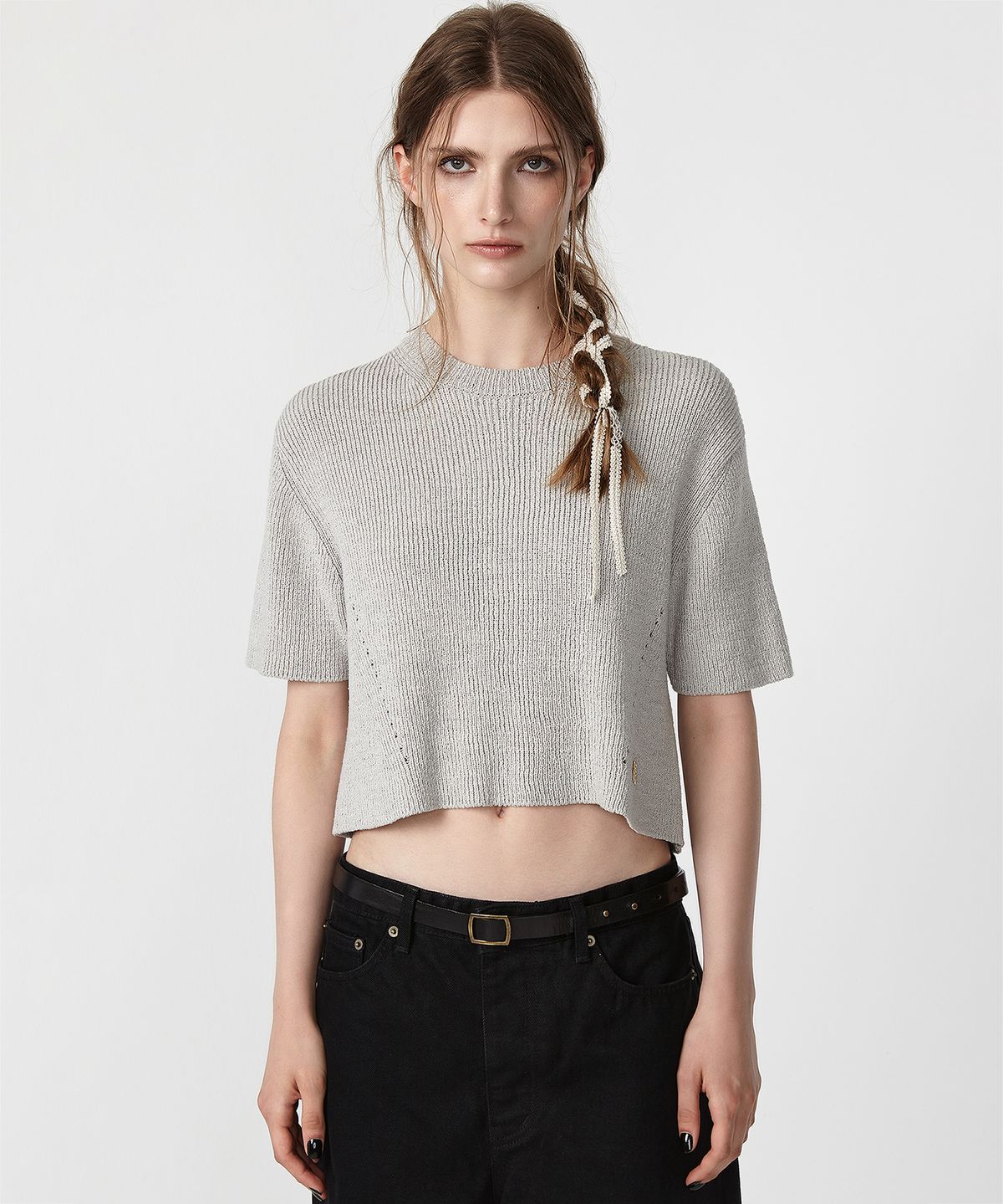 이안조(EAN JO) HALF SLEEVE KNIT TOP (LIGHT GREY)