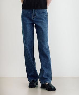 레더 라벨 워싱 와이드 데님 팬츠 - 블루