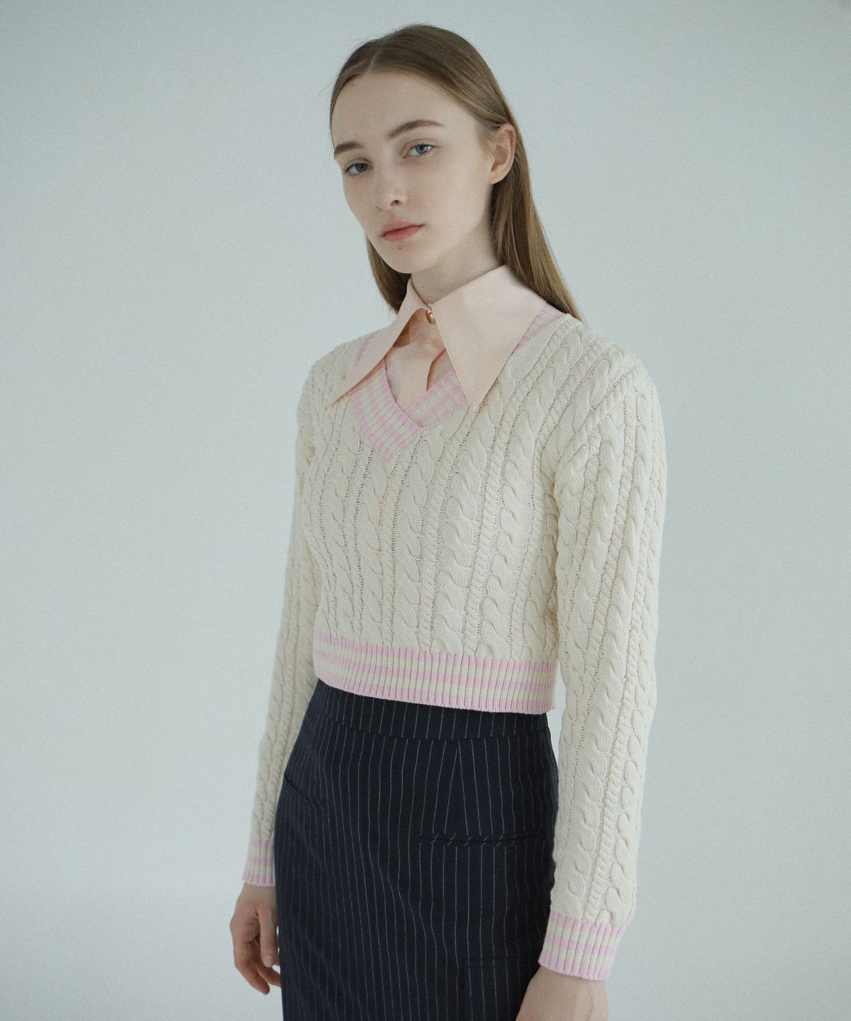 폴앤앨리스(PAUL&ALICE) V-NECK CABLE KNIT / LIGHT BEIGE