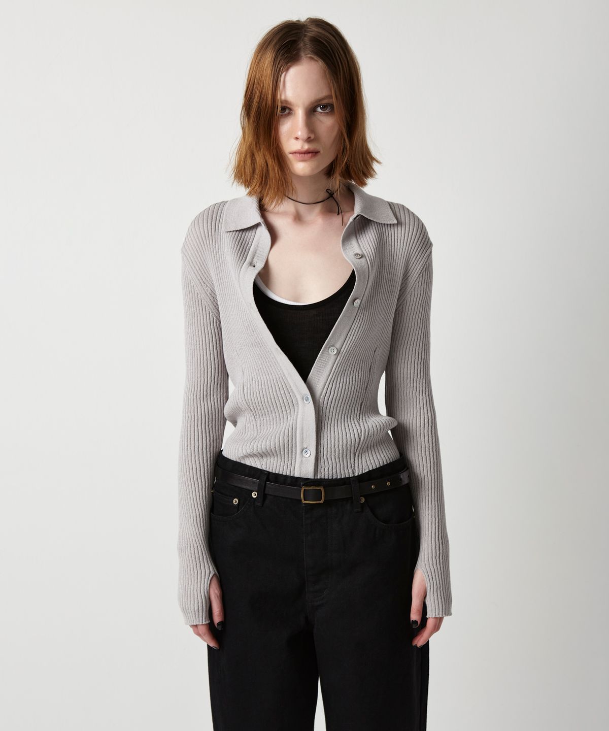 이안조(EAN JO) RIBBED COLLAR KNIT CARDIGAN (LIGHT GREY)