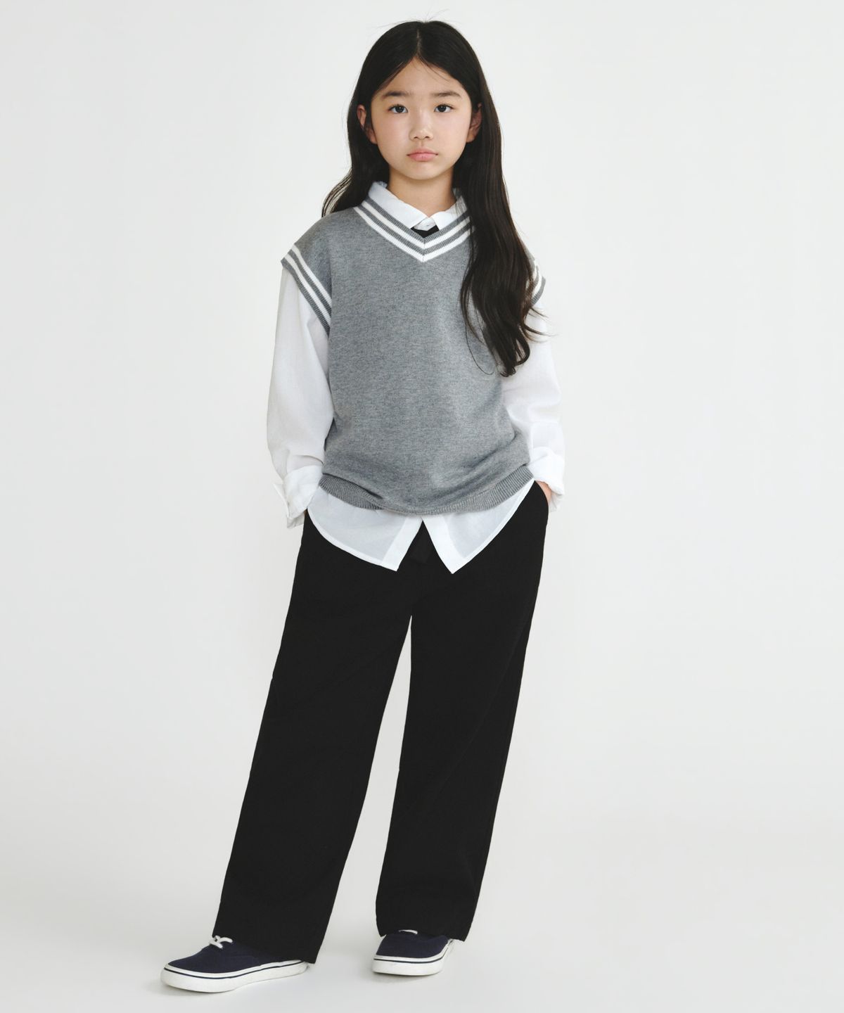 무신사 스탠다드 키즈(MUSINSA STANDARD KIDS) 오버사이즈 프레피 니트 베스트 [미디엄 그레이]