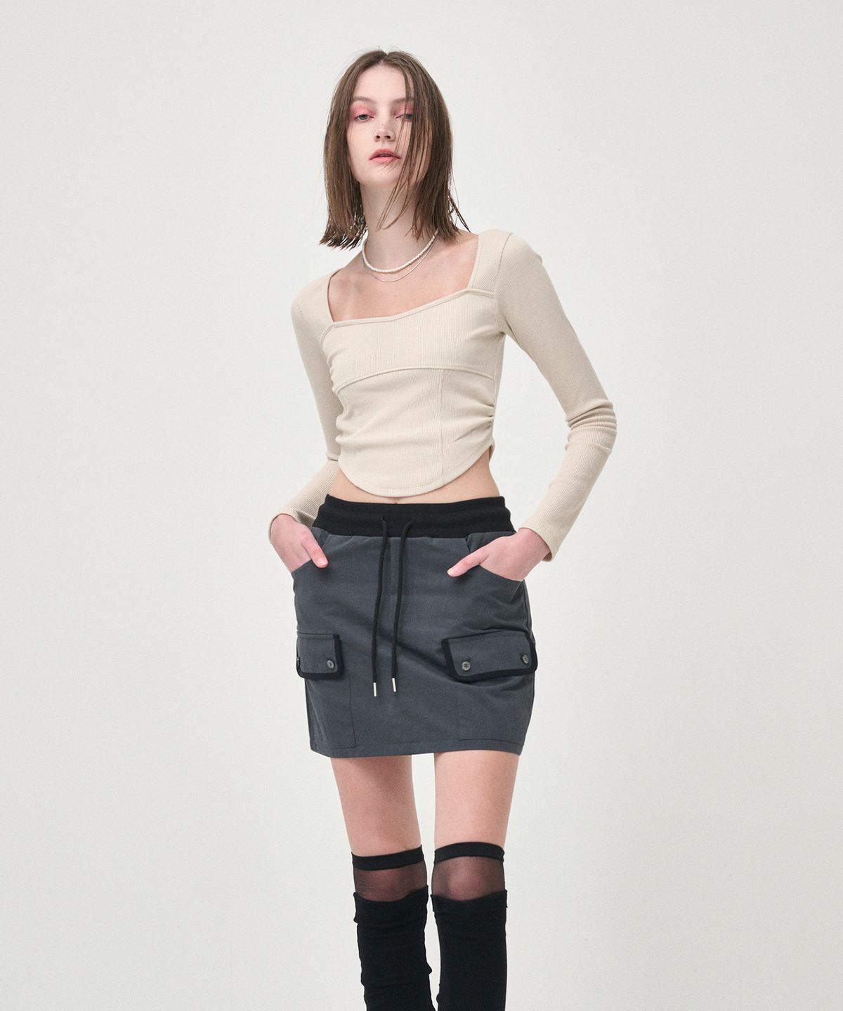 에트몽(ETMON) Cargo Banding Mini Skirt, Charcoal