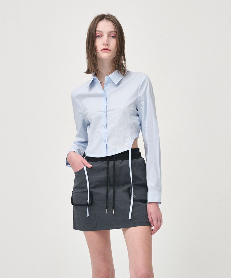 Side Shirring Slim Shirt, Light Blue