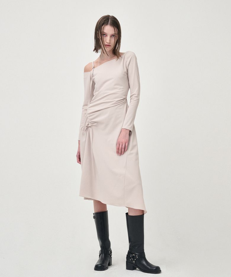 One Off Shoulder Shirring dress, Beige