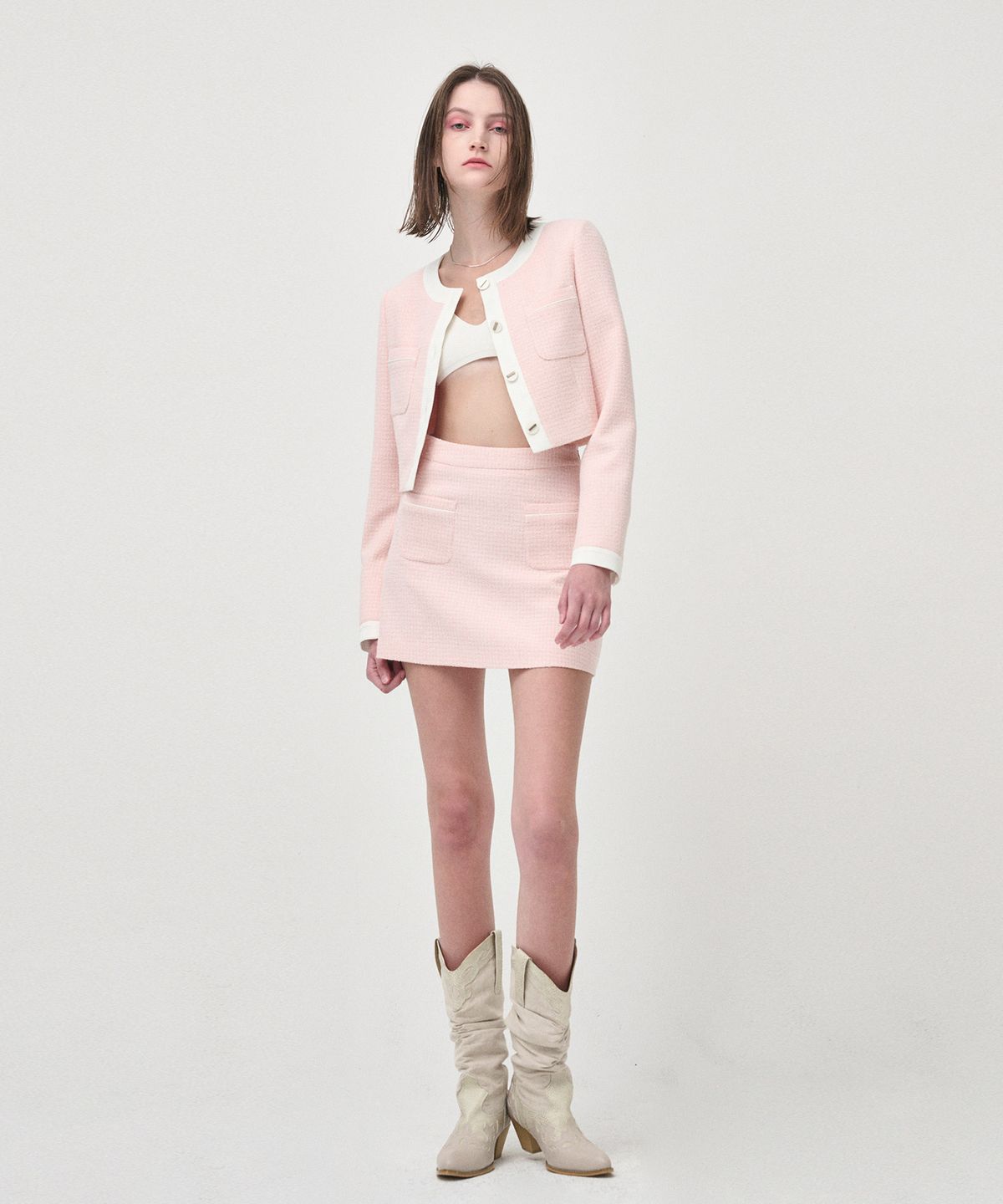 에트몽(ETMON) Piping Pocket Tweed Mini Skirt, Pink