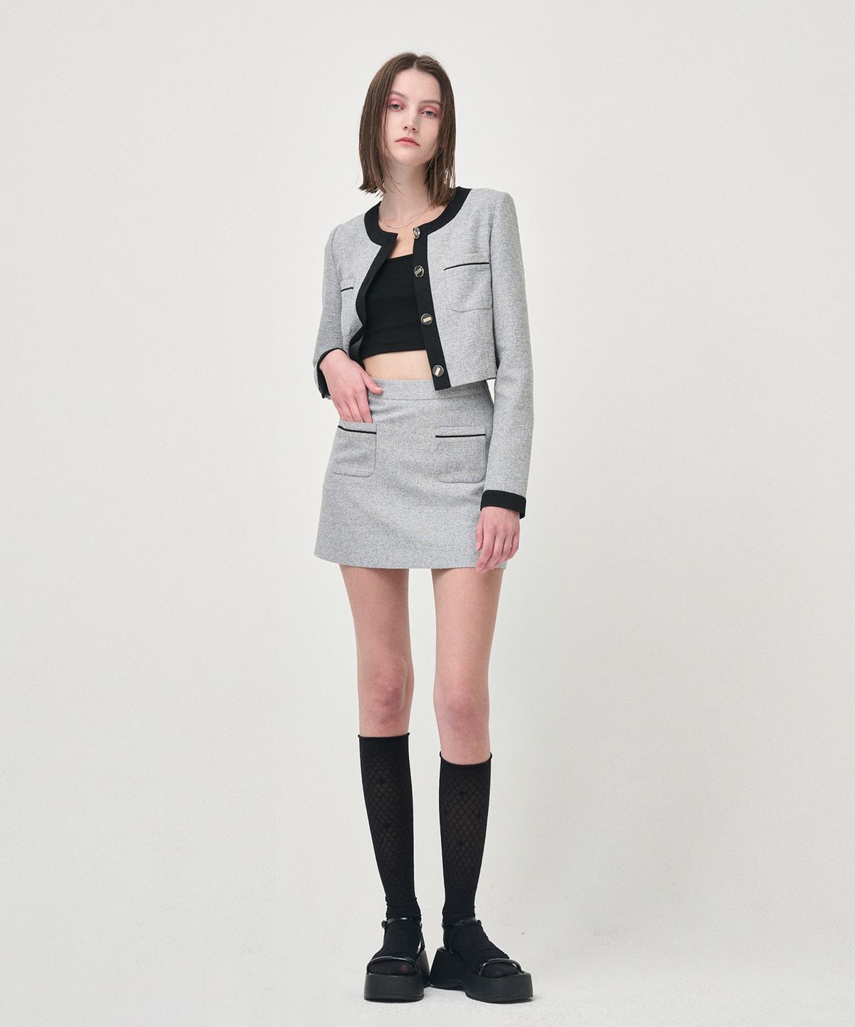 에트몽(ETMON) Piping Pocket Tweed Mini Skirt, Black