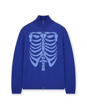 SKELETON HIGH NECK KNIT ZIP UP BLUE