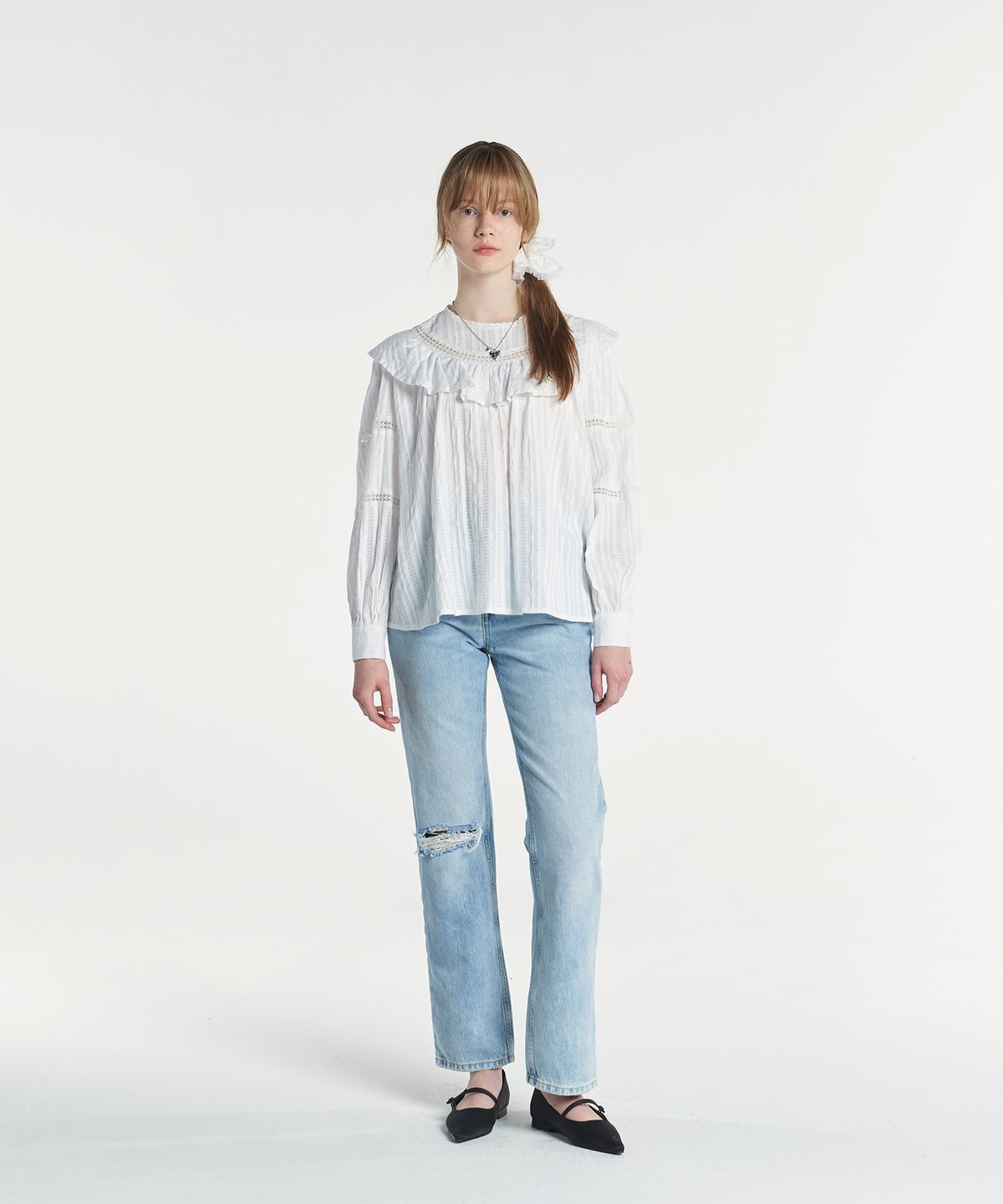 마가린핑거스(MARGARIN FINGERS) LACE TRIMMING BLOUSE (WHITE)