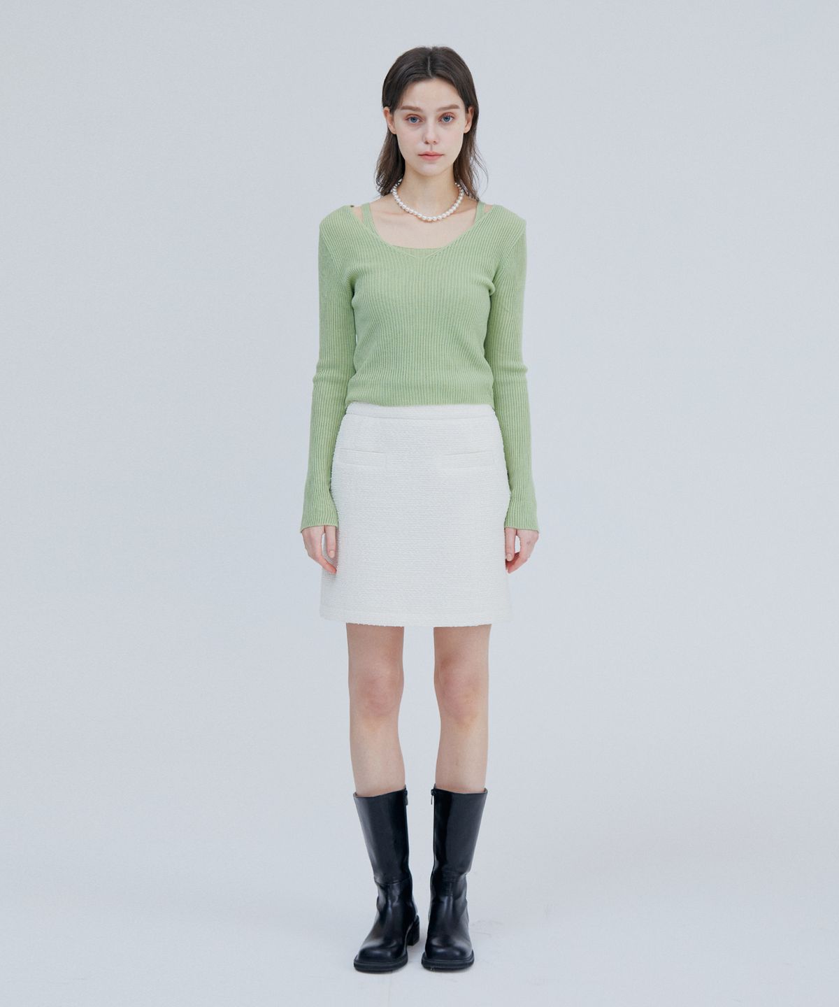 핀블랙(PINBLACK) 클래식 트위드 스커트 화이트