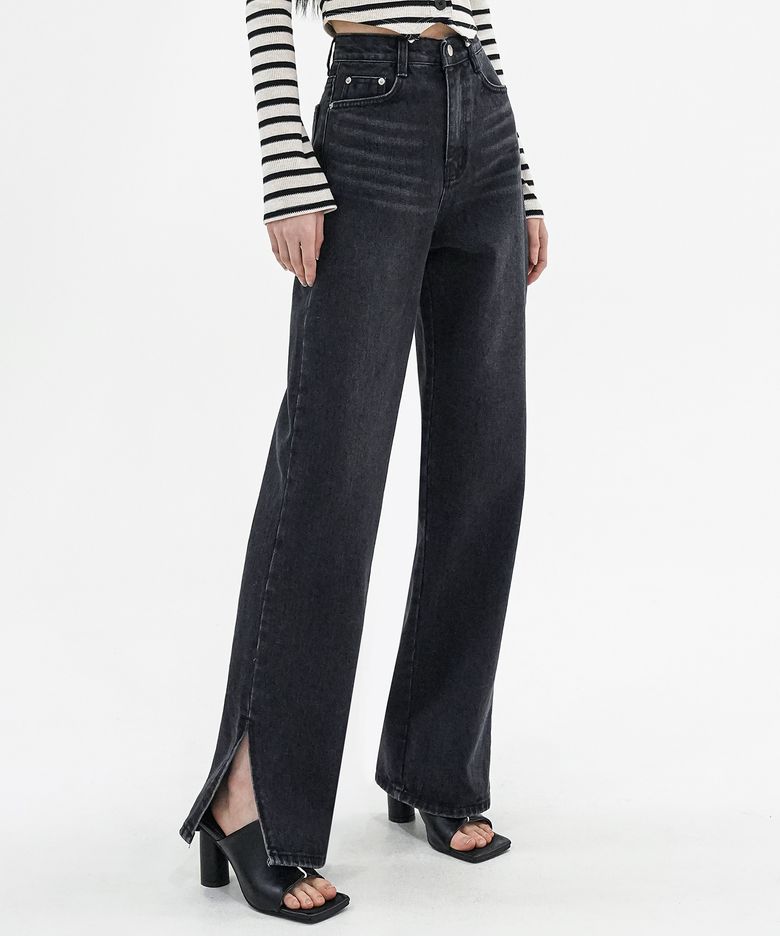 Straight slit denim pants BLACK