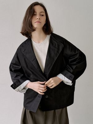 Washed Cotton Oversized Jacket - BLACK
