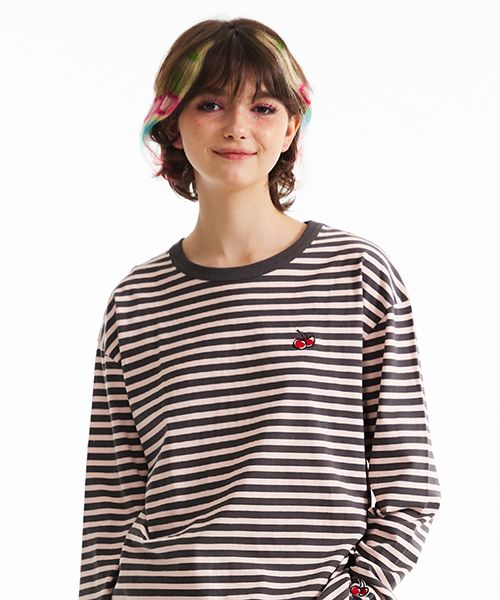 MUSINSA | KIRSH Cherry Stripe Long Sleeve T-Shirt [Salmon]