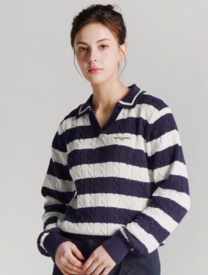 우먼즈 크롭 스트라이프 카라 니트 네이비(FCD1KT201W)