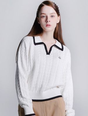 우먼즈 크롭 투톤 카라 니트 화이트(FCD1KT202W)