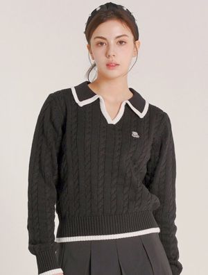 우먼즈 크롭 투톤 카라 니트 블랙(FCD1KT202W)