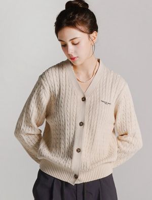 우먼즈 크롭 로고자수 니트 가디건 베이지(FCD1CD205W)
