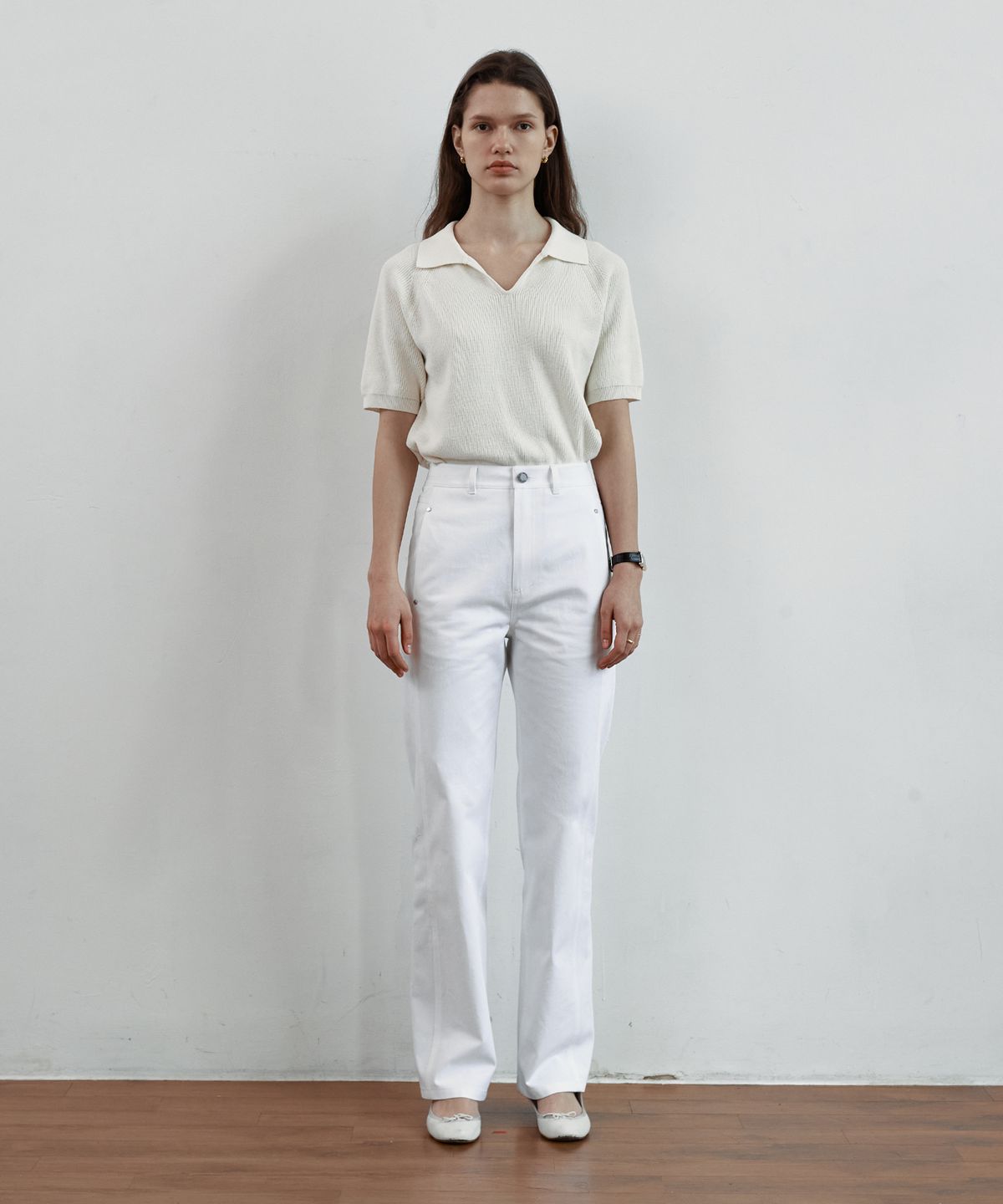 스텝어라운드(STEP AROUND) Front line detail straight cotton pant [WHITE]