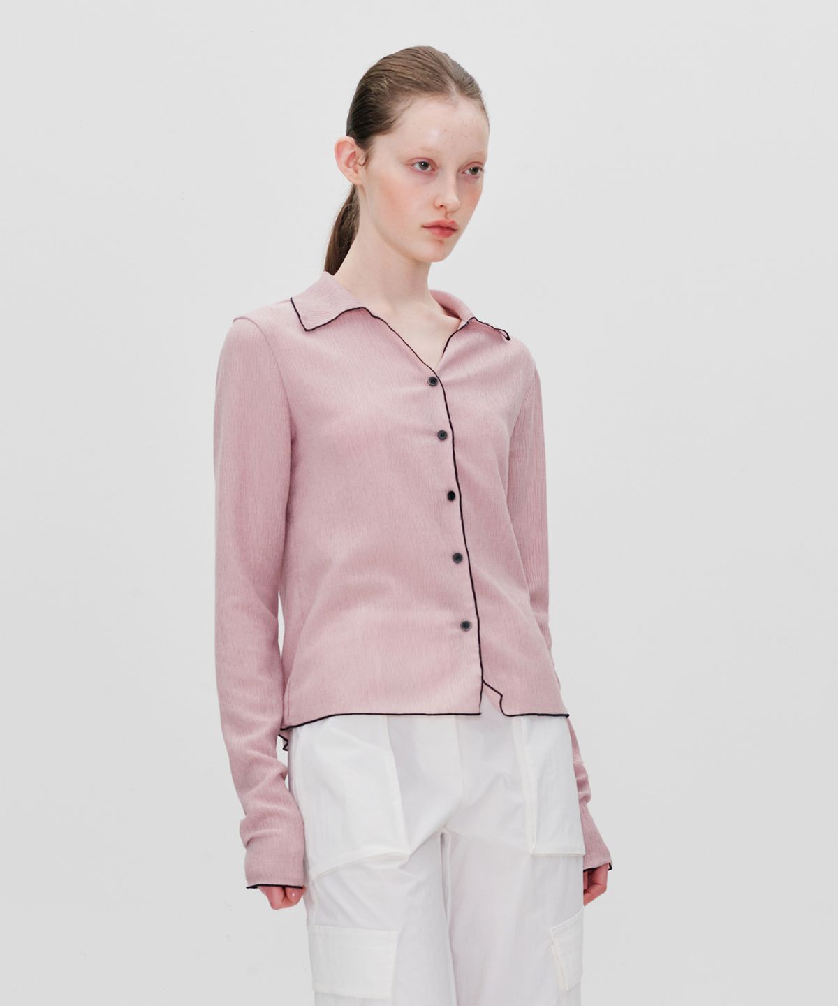 리이(RE RHEE) LETTUCE HEM BLOUSE TOP DUSTY PINK