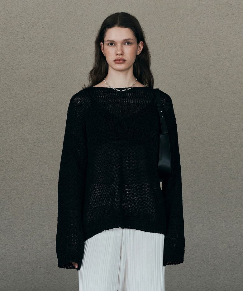 Tape Boat Neck Over Fit Pullover (Black)