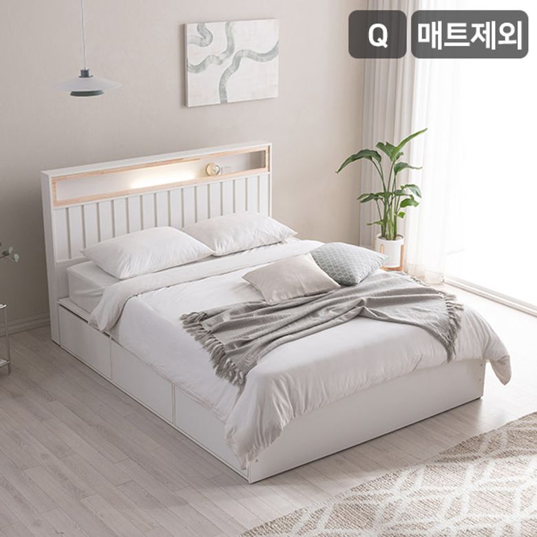 히노 호텔식 편백나무 LED조명 빅수납 침대(매트제외-퀸)