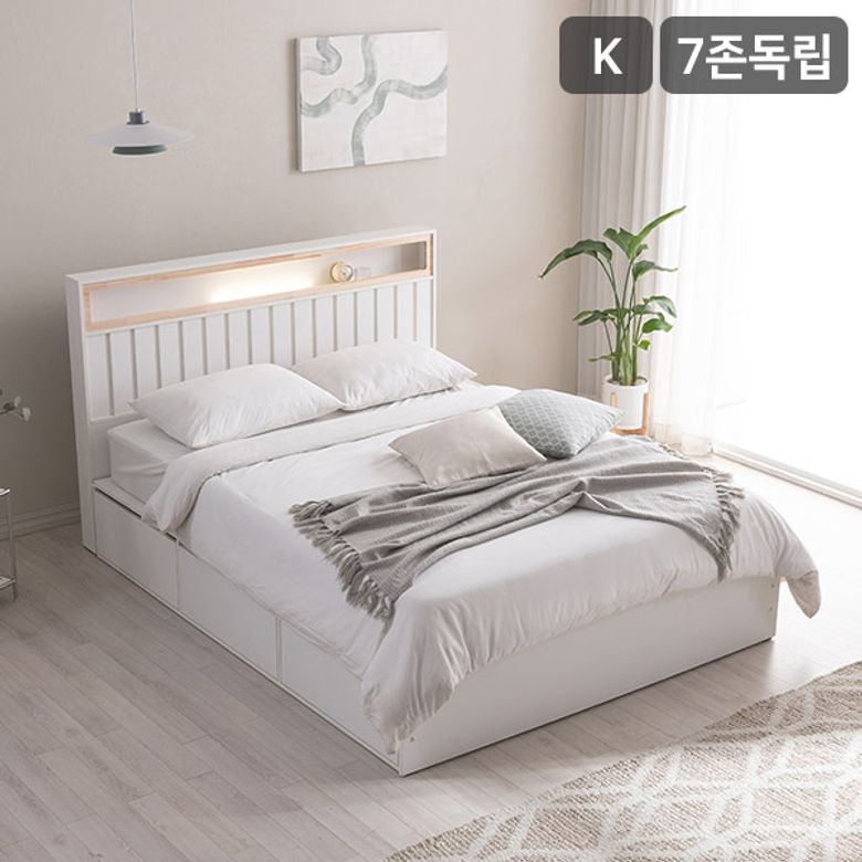 히노 호텔식 편백나무 LED조명 빅수납 침대(SB 7존 독립스프링 매트리스-킹)