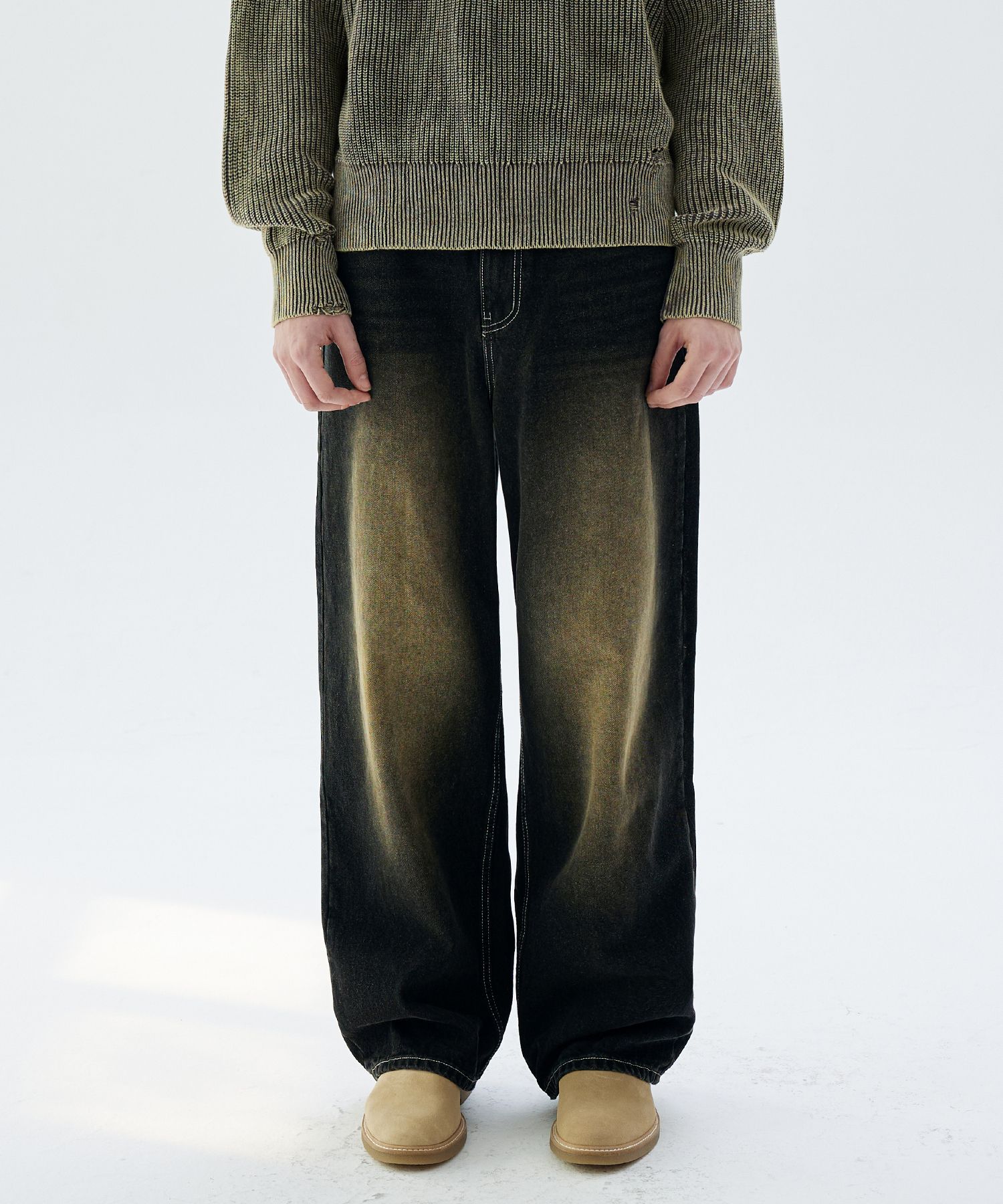 [JEMUT]★YELLOW WASHING WIDE DENIM PANTS MUSINSA | TRILLION Front Washing Wide Denim Pants_YELLOW BLACK