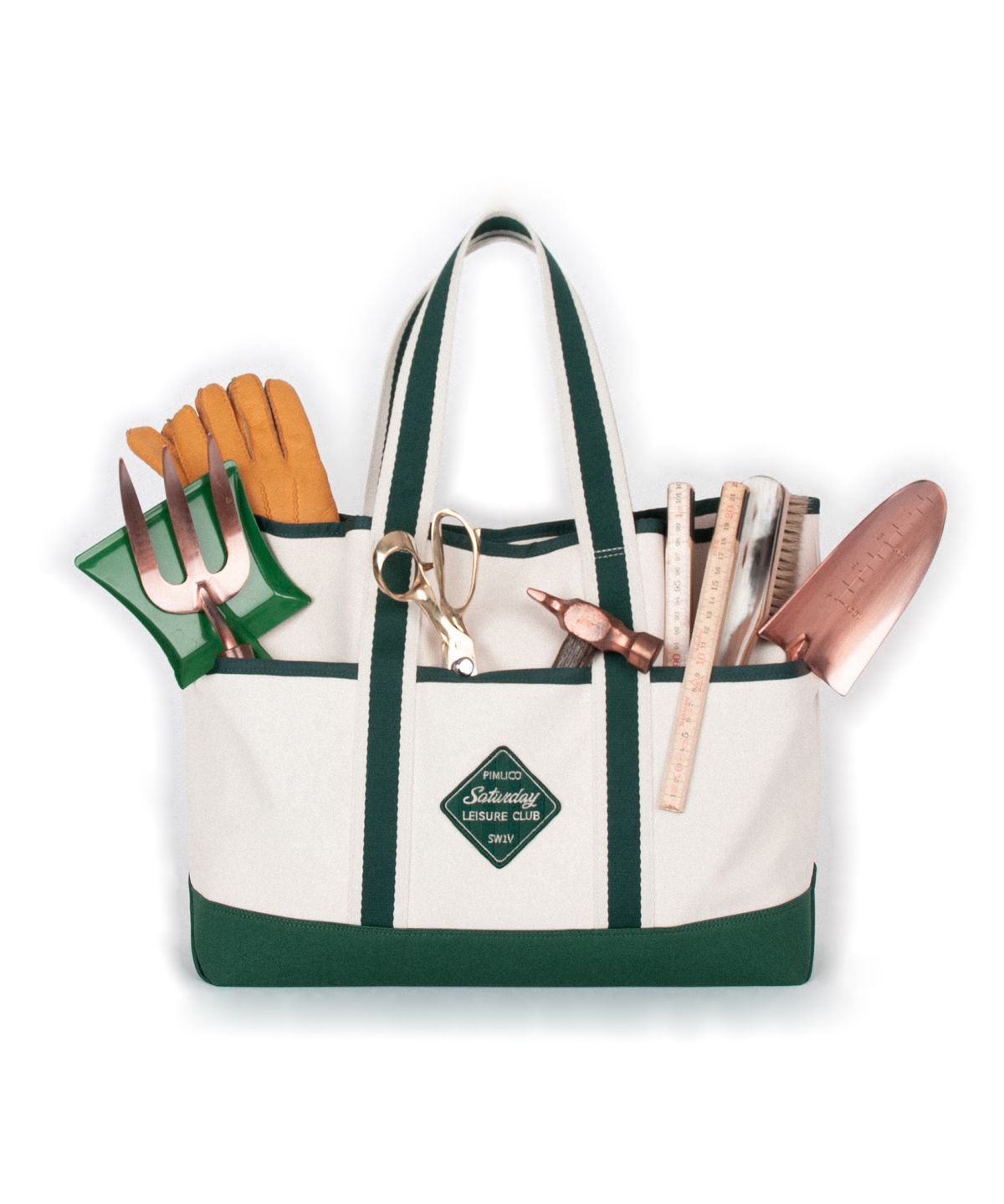 세러데이 레저 클럽(SATURDAY LEISURE CLUB) Stripe Webbing Pockets Shoulder Bag - Ivory & British Racing Green