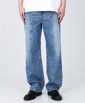 와이드 핏 프론트 심 미디움 워시드 데님