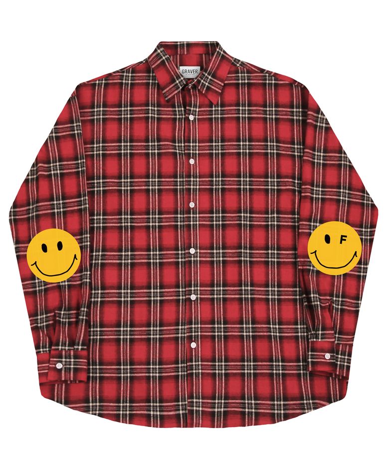 [UNISEX]엘보우 도트 스마일 오버핏 체크셔츠_레드