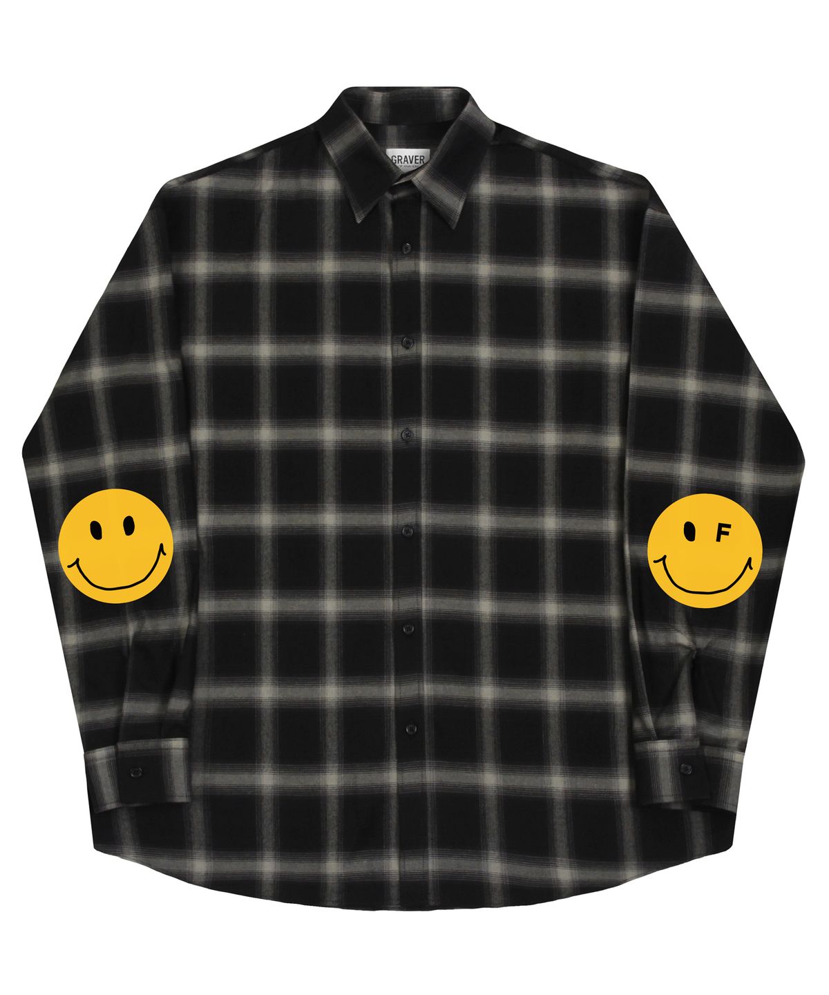그레이버(GRAVER) [UNISEX]엘보우 도트 스마일 오버핏 체크셔츠_블랙